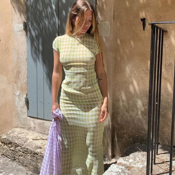 Amlul Fento Dress Green Vichy plaid check 40 medium m - Picture 1 of 7